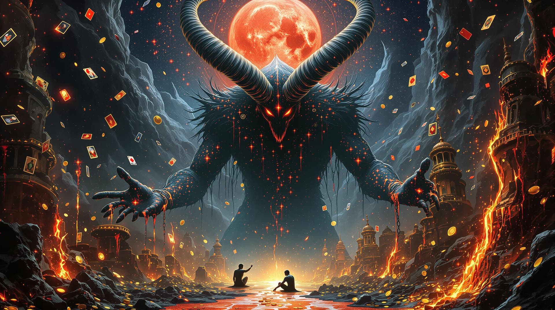 AI generated: A colossal, shadowy figure looms over a surreal, neon-lit underworld, its horns spiraling into infin...