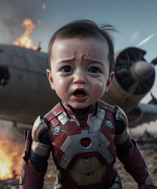 AI generated: realism, realistic, photography,very perfect,  war background, crashed plane, baby ironman, baby cut...