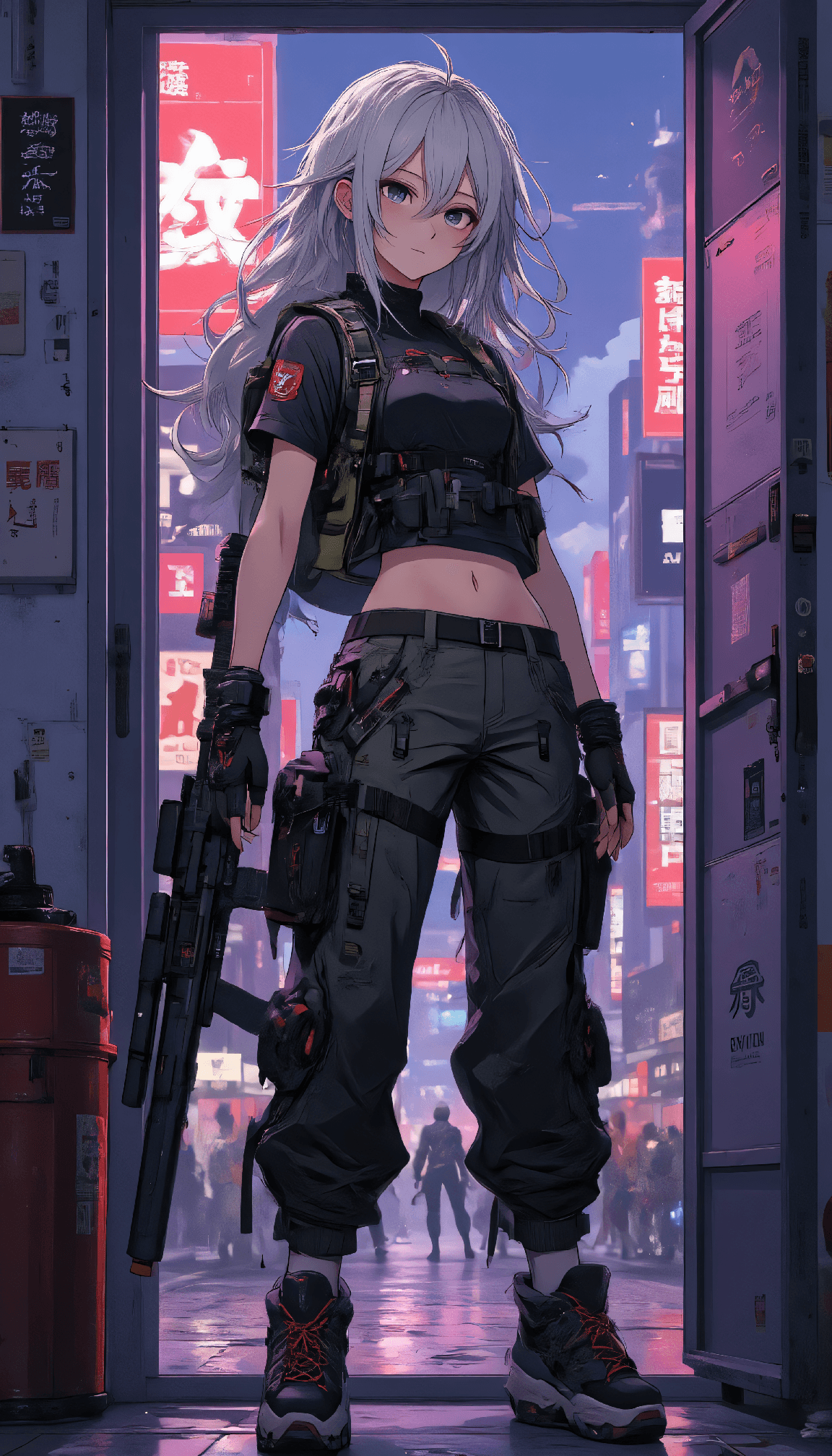 AI generated: anime artwork A silver-haired mercenary in a black tactical crop top and cargo pants cleans her snip...