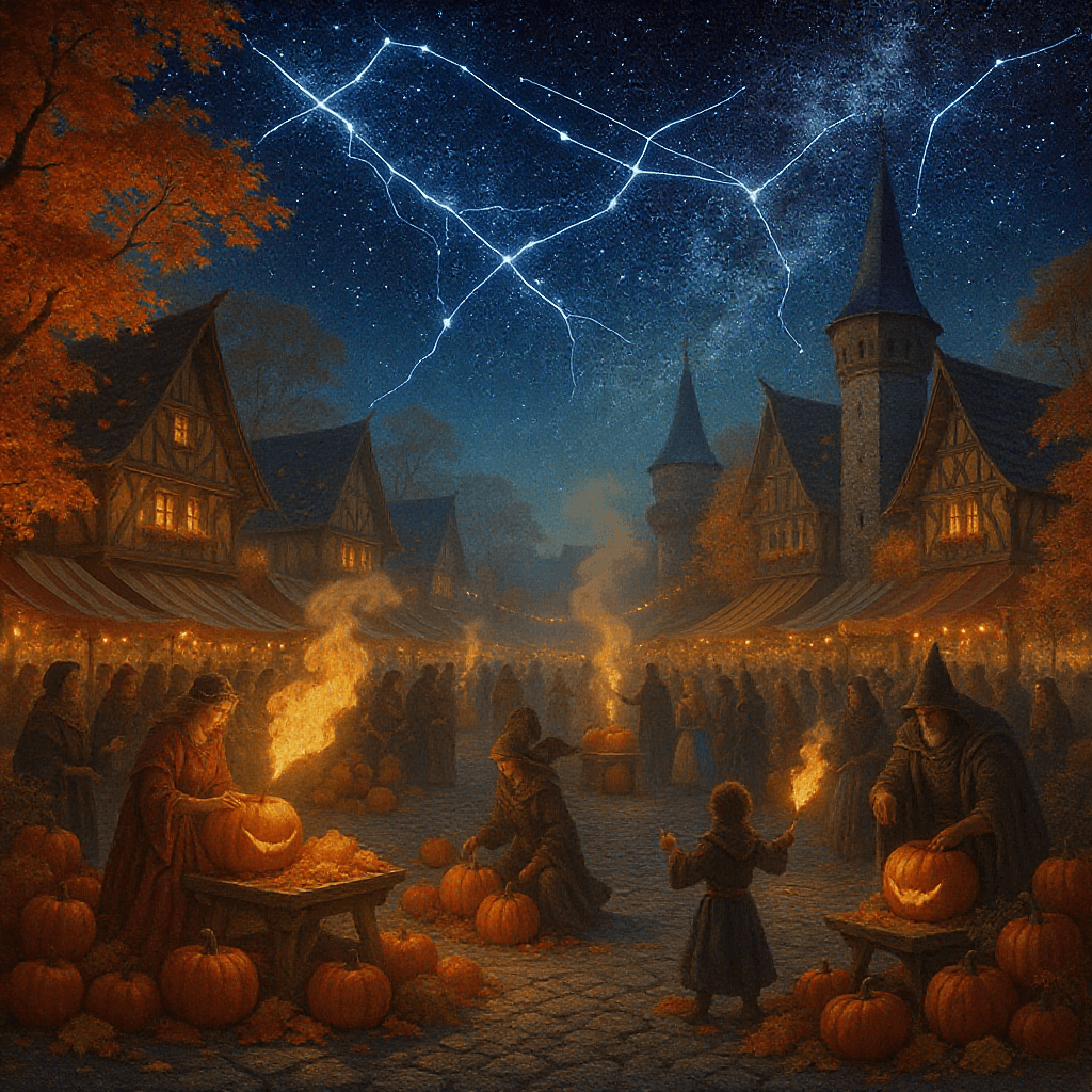 AI generated: A majestic fall festival in a medieval village square, with pumpkin carving contests, fire jugglers,...