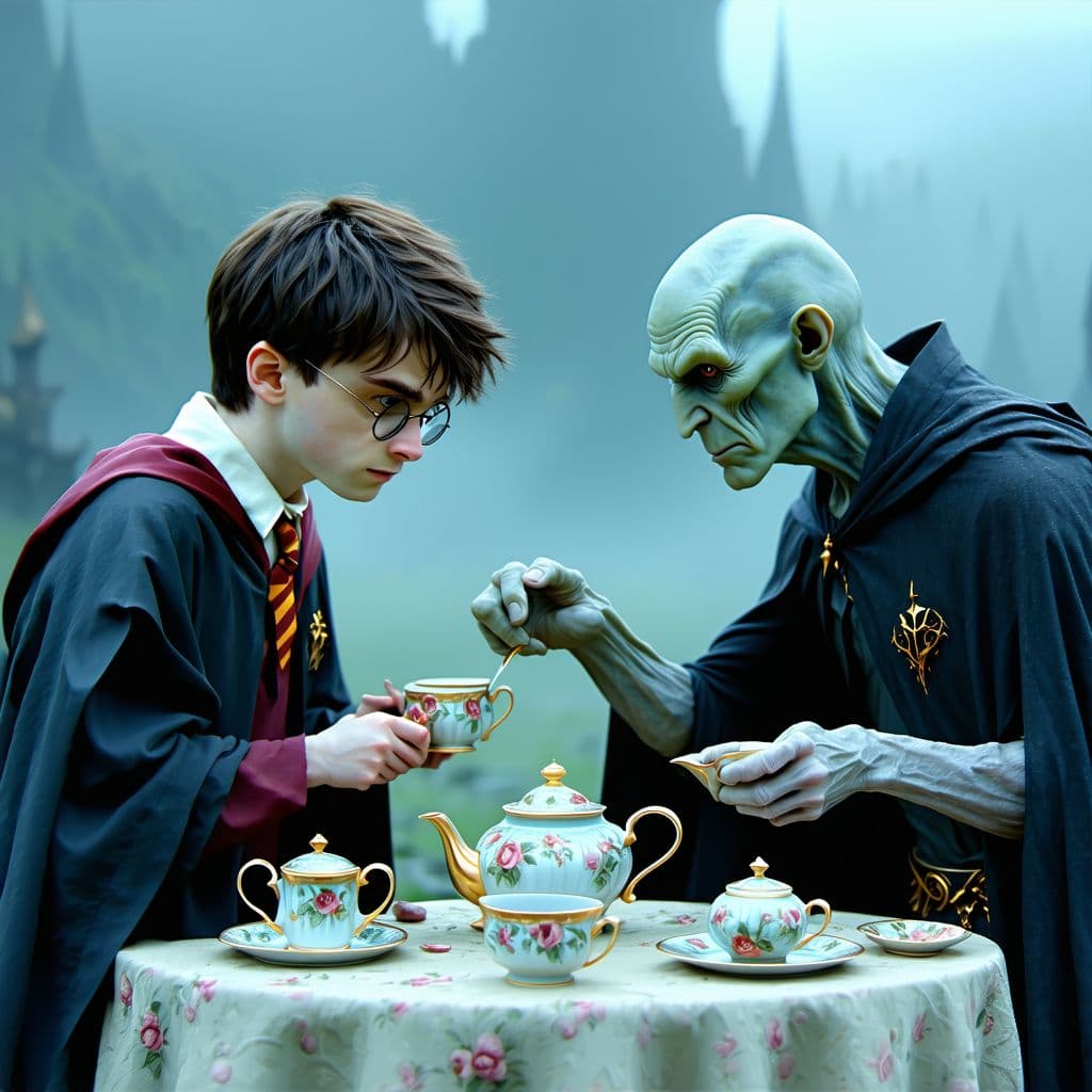 AI generated: Harry Potter and Voldemort having a tea party ((Hyperrealistic :3.3)) 1. *Magical Moments Brewing: A...