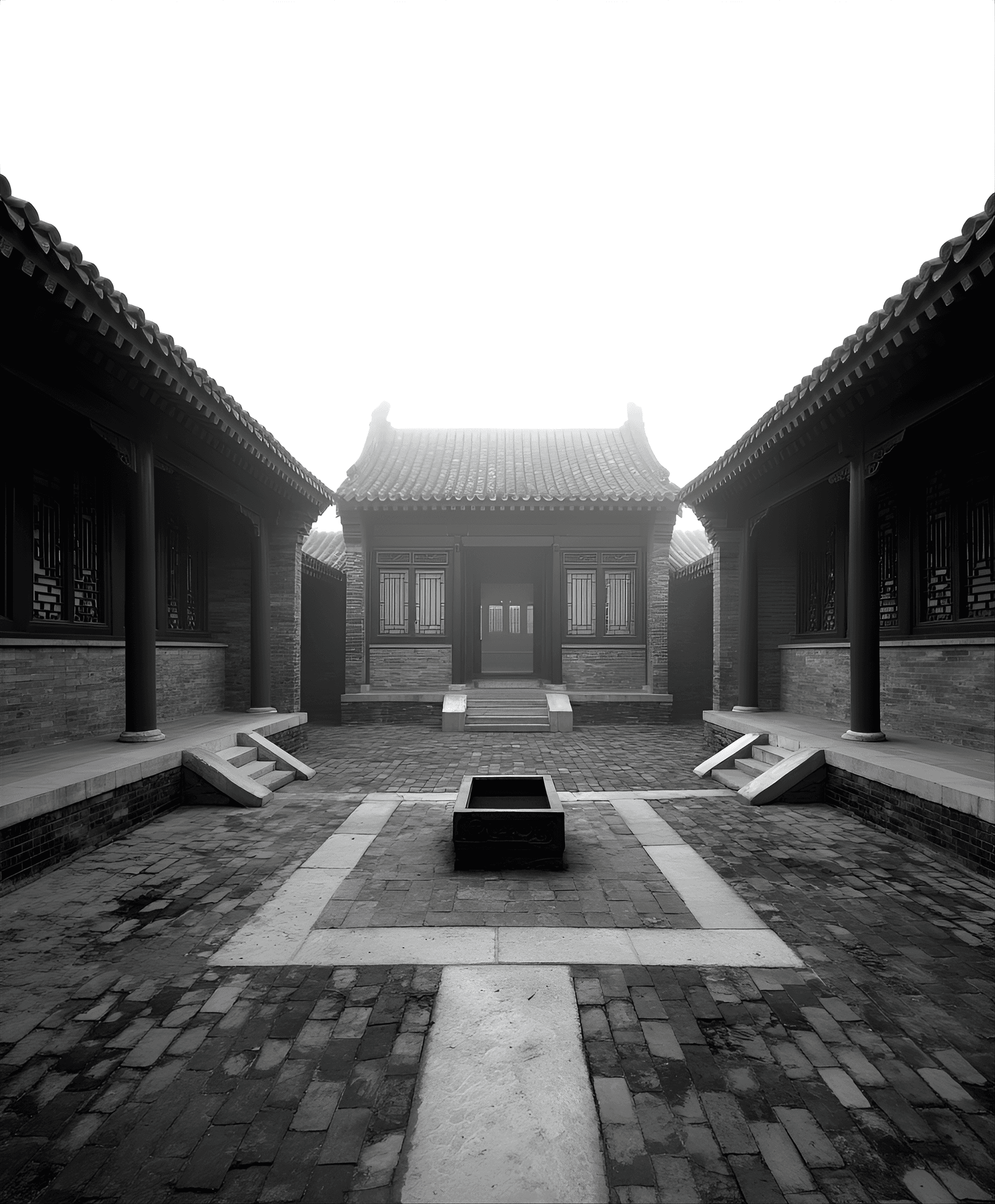 AI generated: Chinese Siheyuan courtyard house, Beijing, symmetrical, enclosing walls, central courtyard, ancestra...