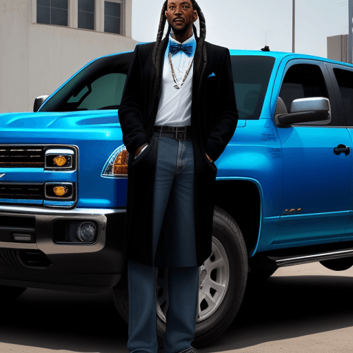 AI generated: A black tall man with locs, standing in front of a blue chevy. Make him like 150 lbs. individual loc...