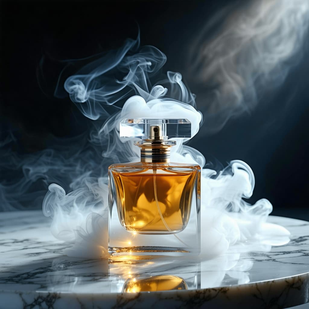 AI generated: A studio product photo of a perfume bottle placed on a marble table, surrounded by soft smoke, with ...