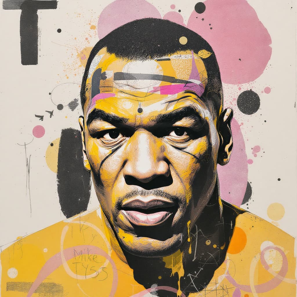 AI generated: A mixed media collage featuring Mike Tyson
 figure , adorned in vibrant patterns and symbols that ev...