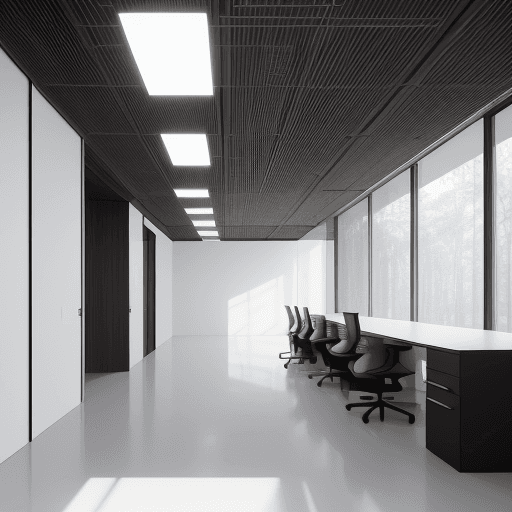 AI generated: photorealistic, perspective view, minimalist co-working space, bright finished and embient, forest, ...