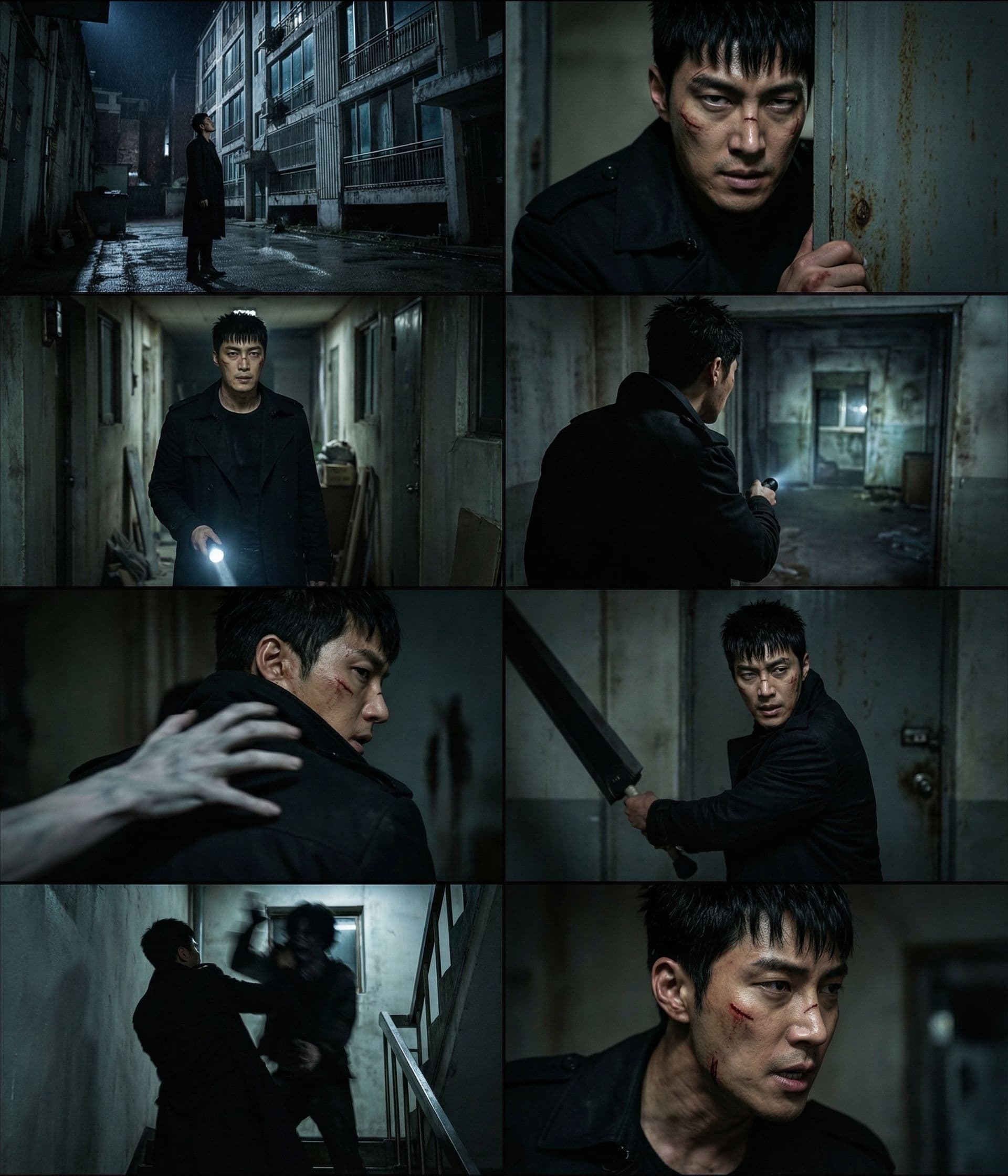 AI generated: Give me an 8 scene storyboard of this character as he was in a real-people korean horror movie