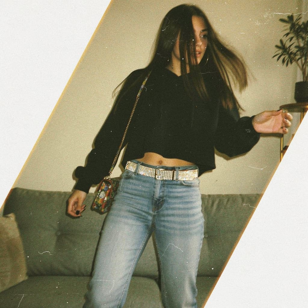 AI generated: a lo-fi 2010s-era, diagonally taken, low-quality iPhone photo of a 20-year-old baddie. The shot is i...