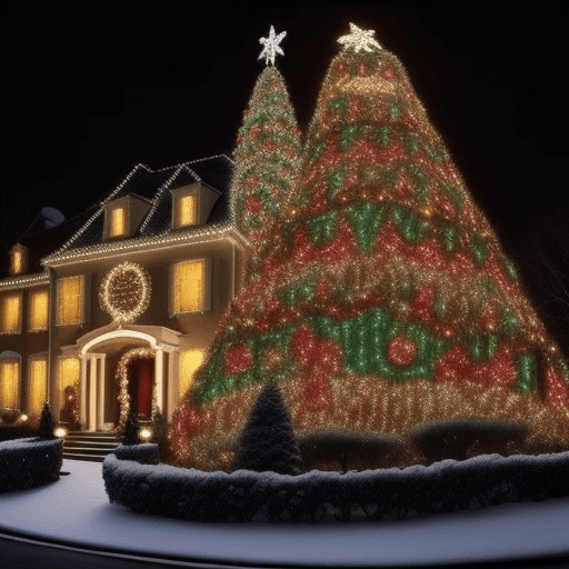 AI generated: mansion gigante con decoracion navideñay un arbol de navidad gigante con muchas luces