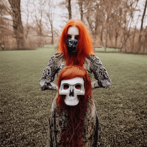 AI generated: photo portrait of a redhaired woman wearing a skull and bone mask, in the style of rose gold and whi...
