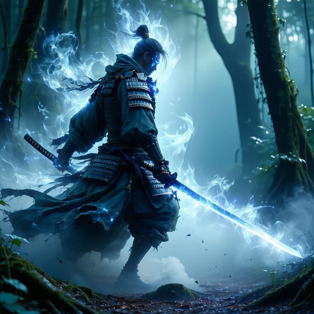 AI generated: A ghost samurai, his spectral form emerging from the misty depths of a dense forest. His ethereal ar...