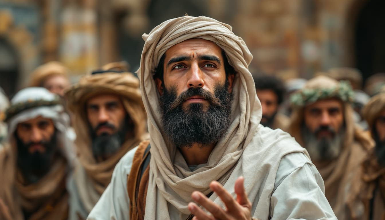 AI generated: an arabic man with a beard standing againist anti christ and each one of them has people that suppor...