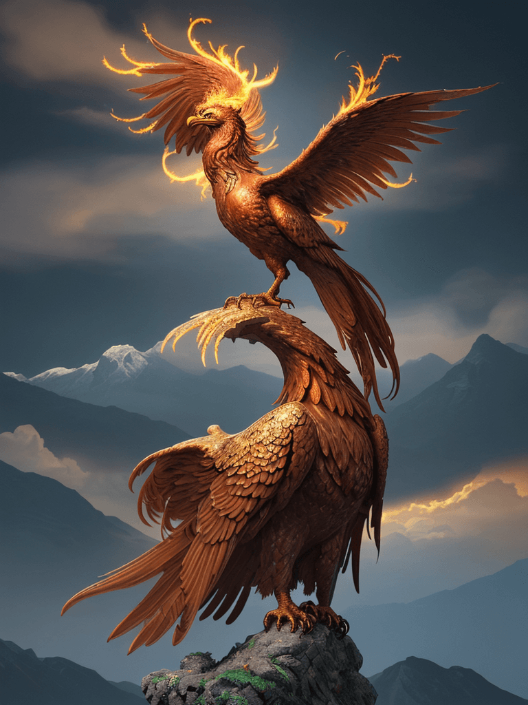 AI generated: A majestic phoenix with vibrant plumage, its fiery wings spread wide, golden feathers illuminating a...