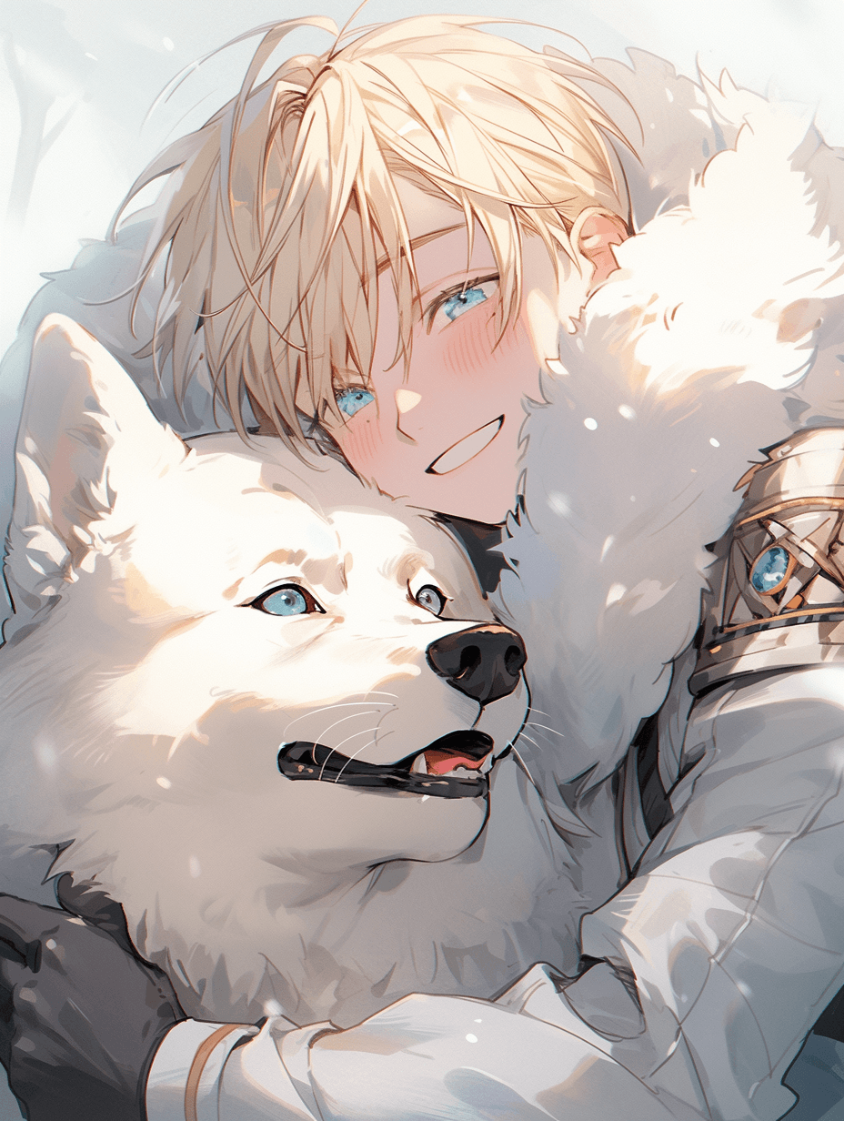 AI generated: young blonde boy snuggle white husky dog, in the style of pixiv anime art, light azure and blue tone...