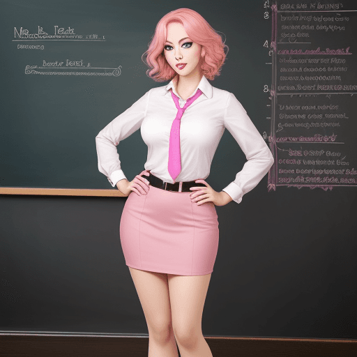 AI generated: teacher, pink hair, perfect eyes, light makeup, gorgeous detailed teacher lipstick school background...