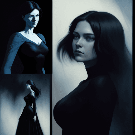 AI generated: Dave Mckean style,comic book page panels a woman poses in a black dress, in the style of soft edges ...