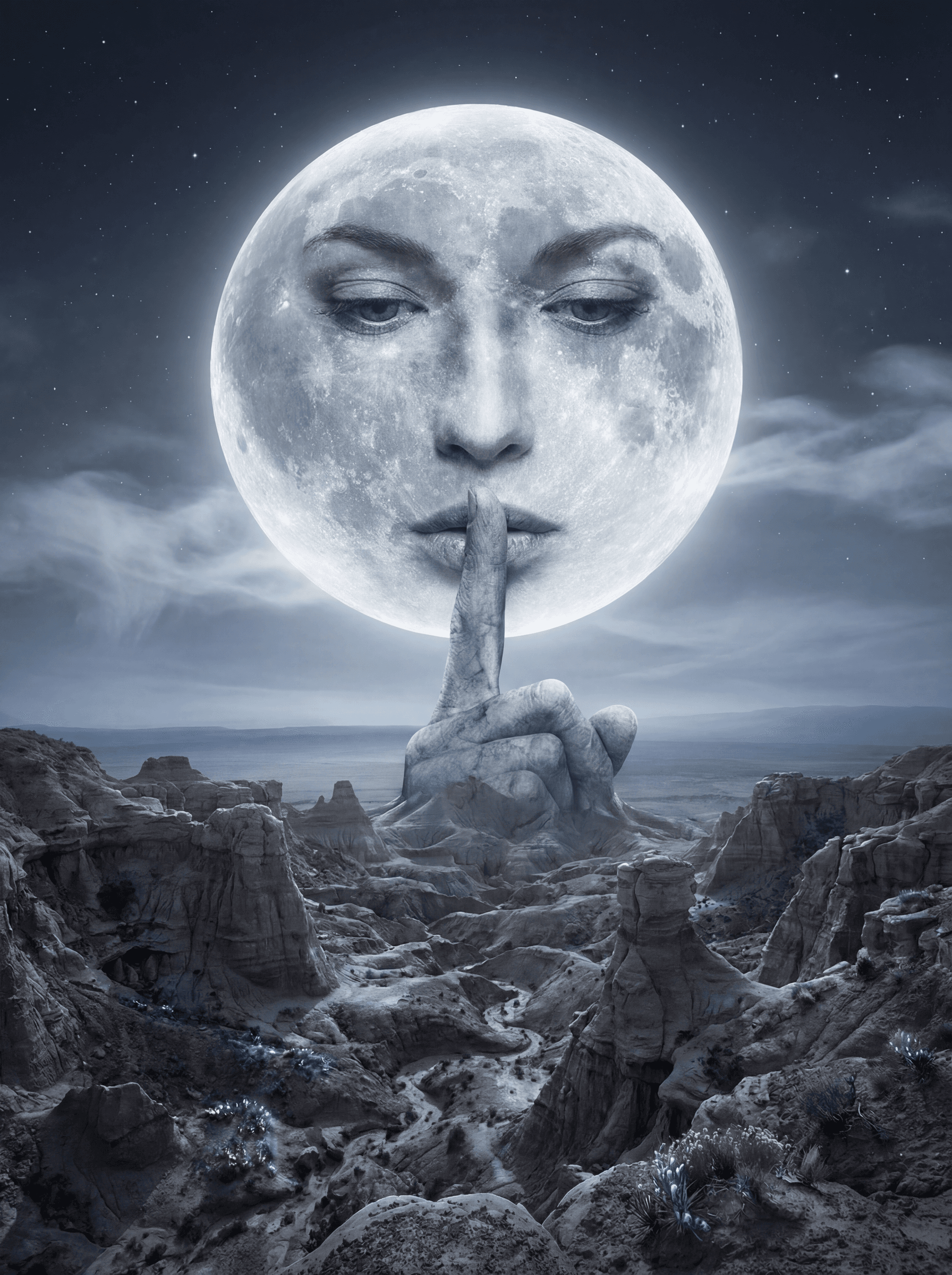 AI generated: A surreal landscape unfolds as the 'Face of the Woman in the Moon' gazes serenely at the viewer. Her...