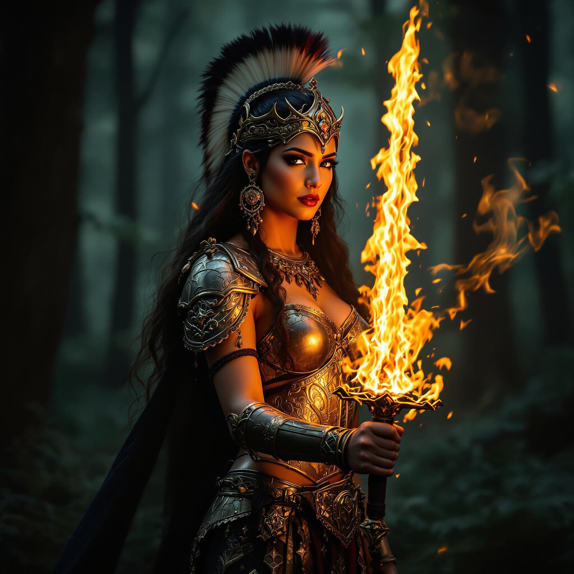 AI generated: a beautiful Indian woman, dressed in medieval warrior costume, golden metal armor, in the middle of ...