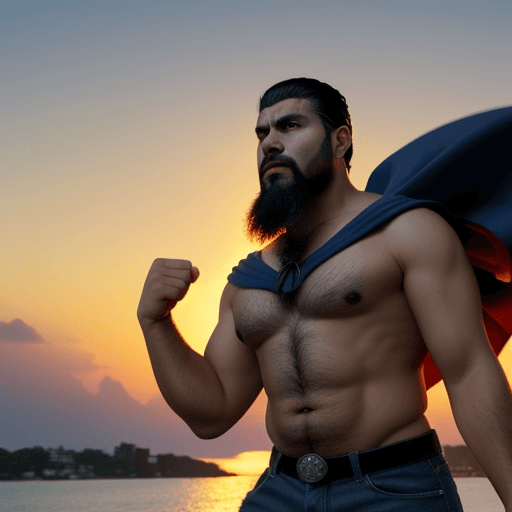AI generated: A Hispanic man with superpowers watching the sunset with anger who he wants revenge against the sun ...