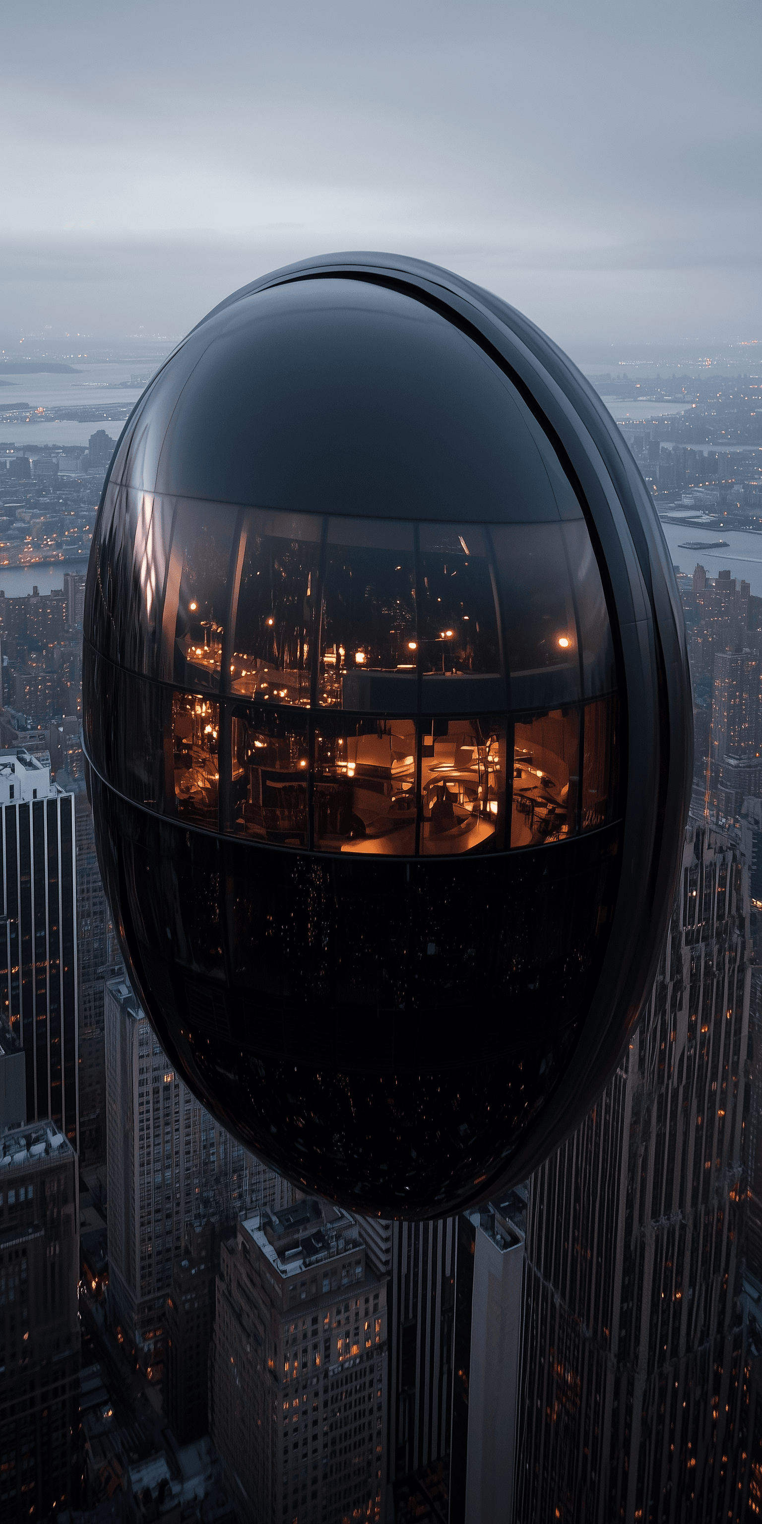 AI generated: A black, spherical building floating above the city of New York, seen from a helicopter at dusk. Ref...