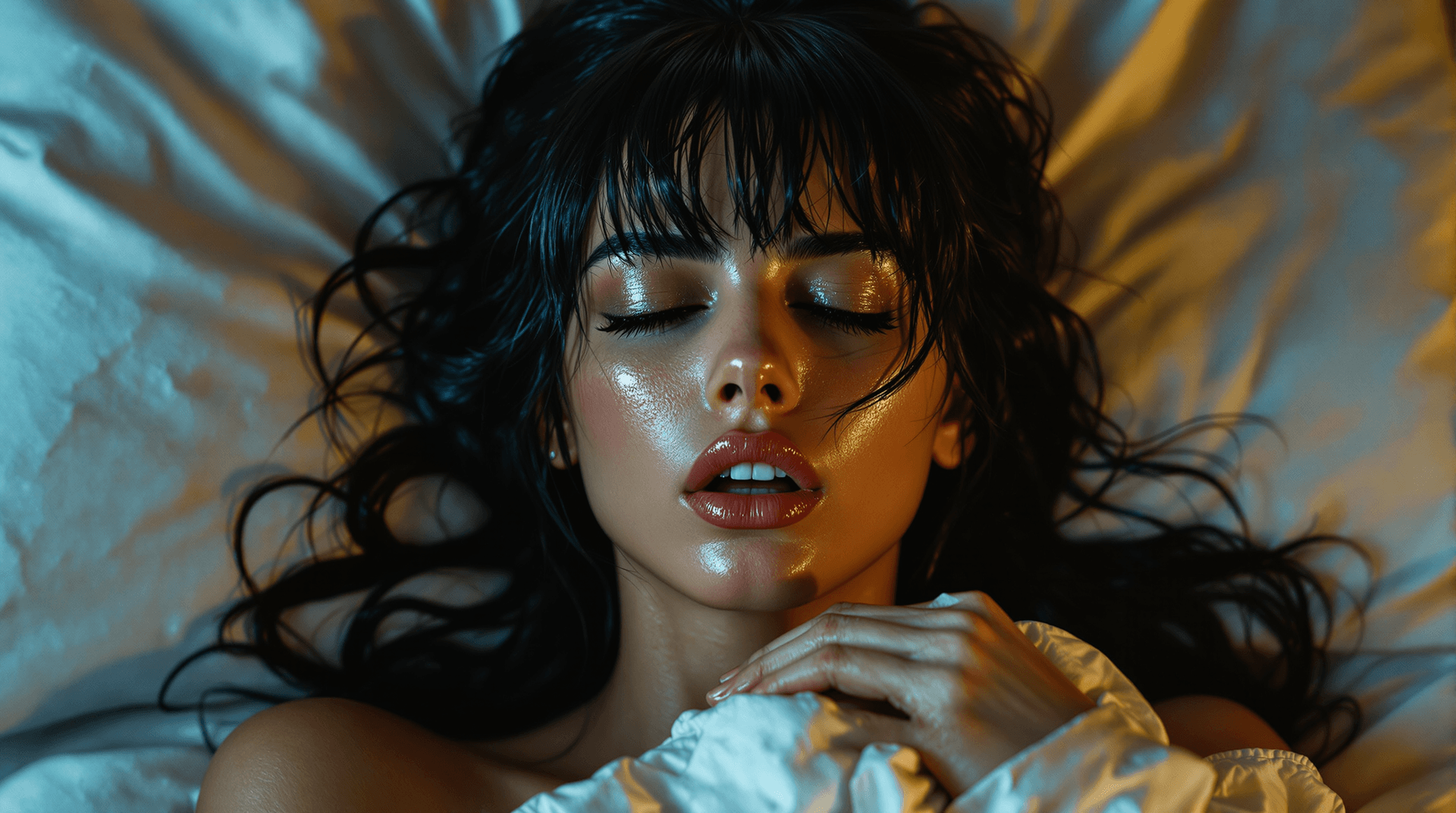 AI generated: extreme high angle, close-up photo of a stunning woman (Lilith) in bed . Her raven tresses cascade o...