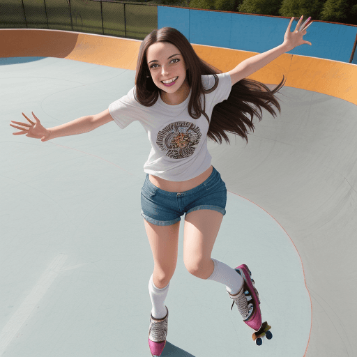 AI generated: a brunette woman,semi-long hair, smilling, quads, jumping, shorts, roller skates,sport knee socks, i...