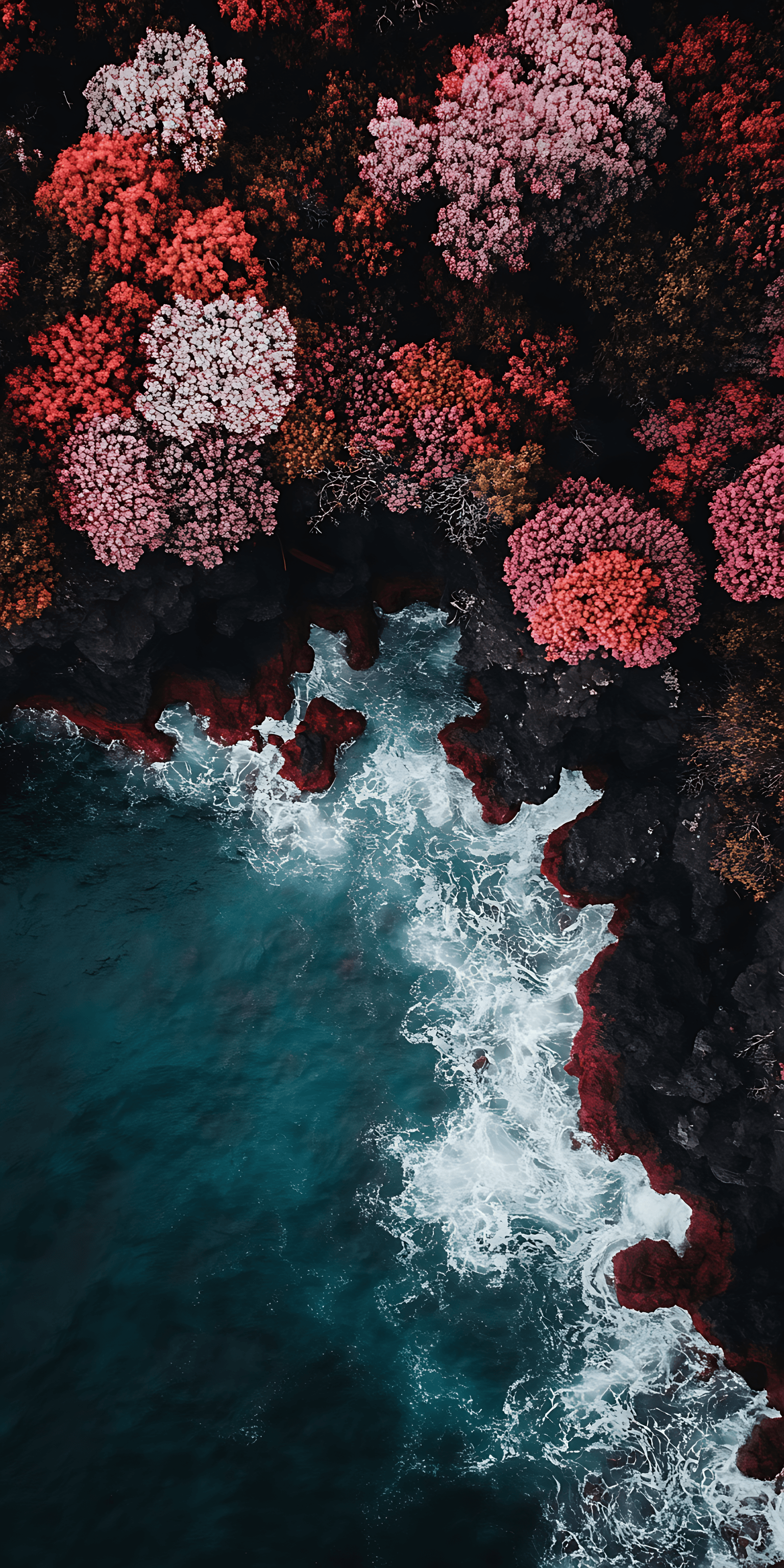 AI generated: Aerial view of colorful flowers on the black lava rock coastline, with waves crashing against it. Th...