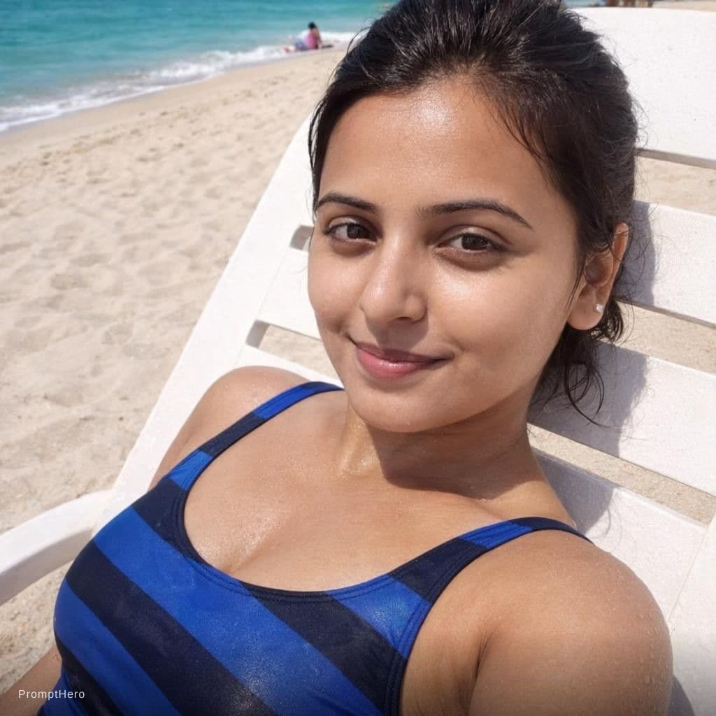 AI generated: Create Image of this girl wearing a swimming costume taking sun bath on beach 