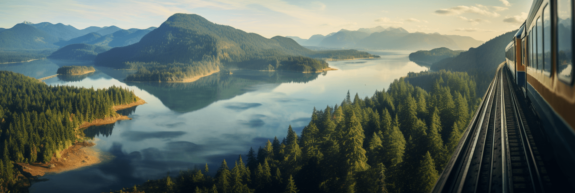 AI generated: panoramic photo of the c hemisphere from an overhanging train track, with oregon lake and mountains ...