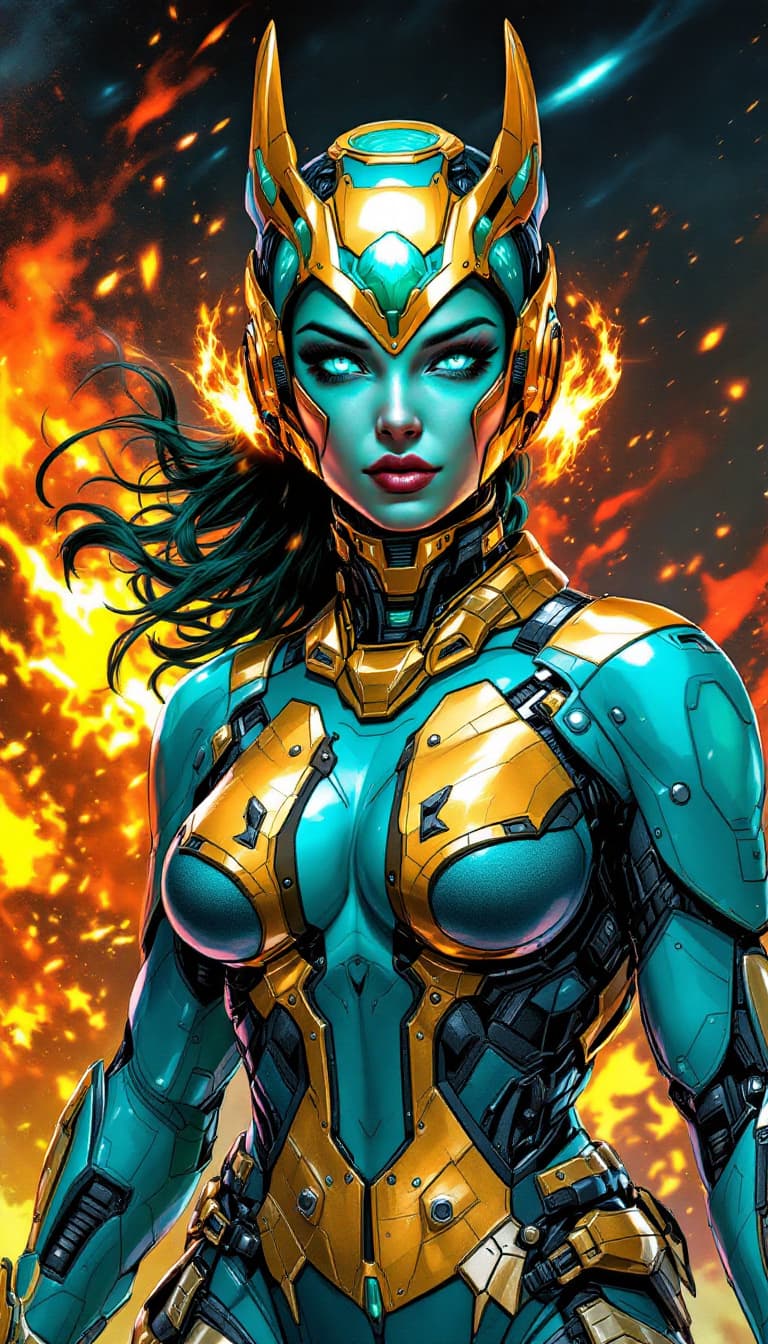 AI generated: A cybernetic female heroine with a vibrant, turquoise face, a captivating fusion of Bumblebee, Vixen...
