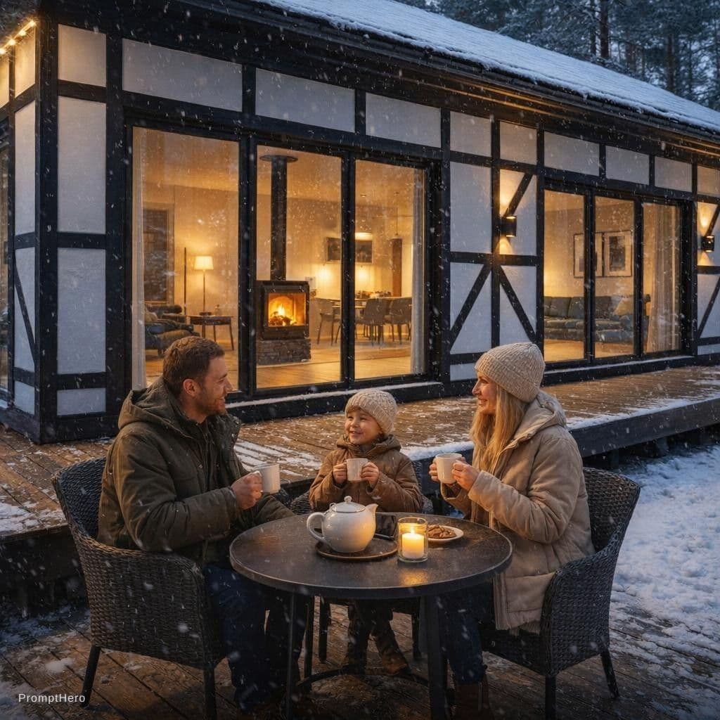 AI generated: Create a photo of a half-timbered house with panoramic windows. The house is dark gray, with a terra...