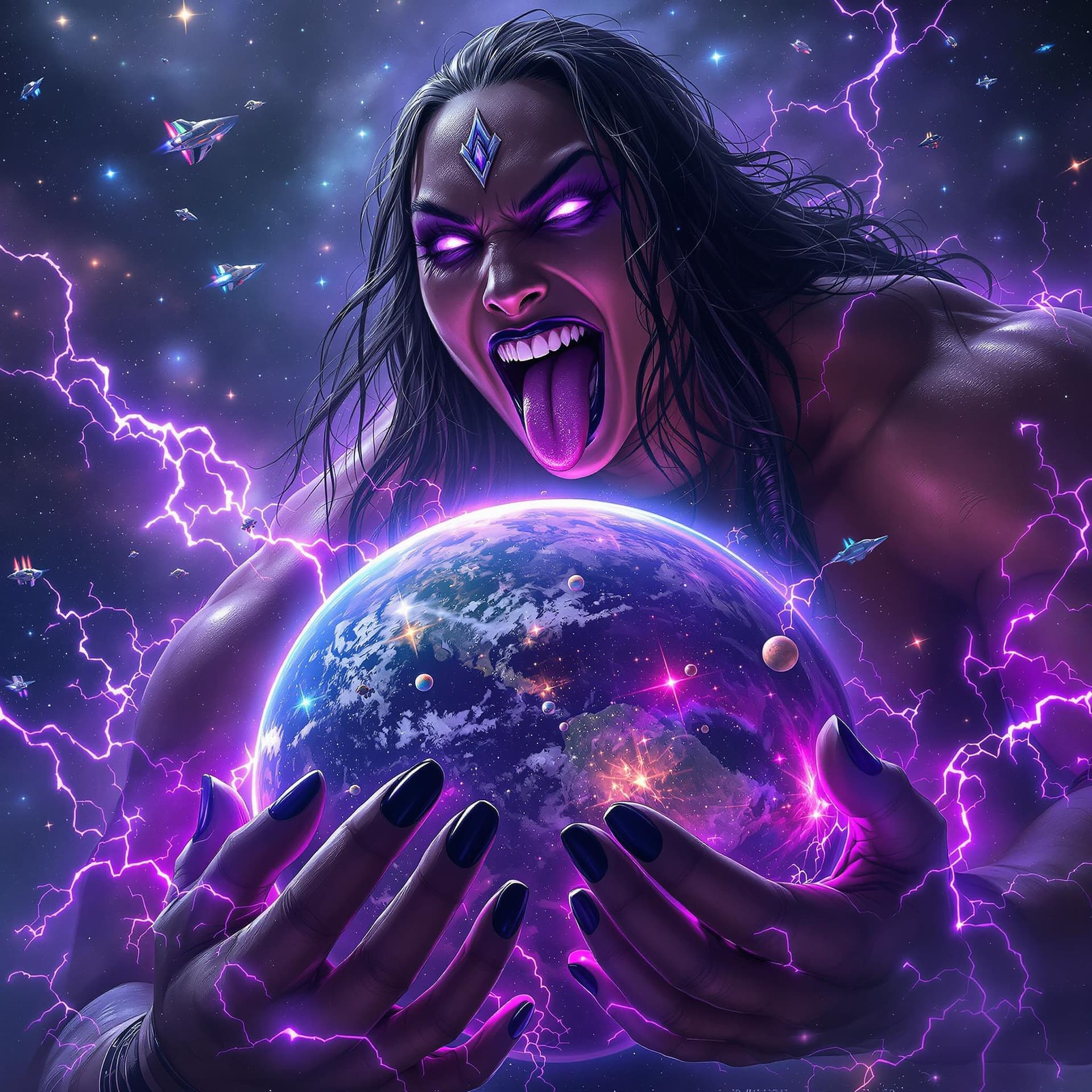 AI generated: enormous giantess Rhea Ripley  from WWE
bigger than a galaxy floating in space, minuscule planets in...