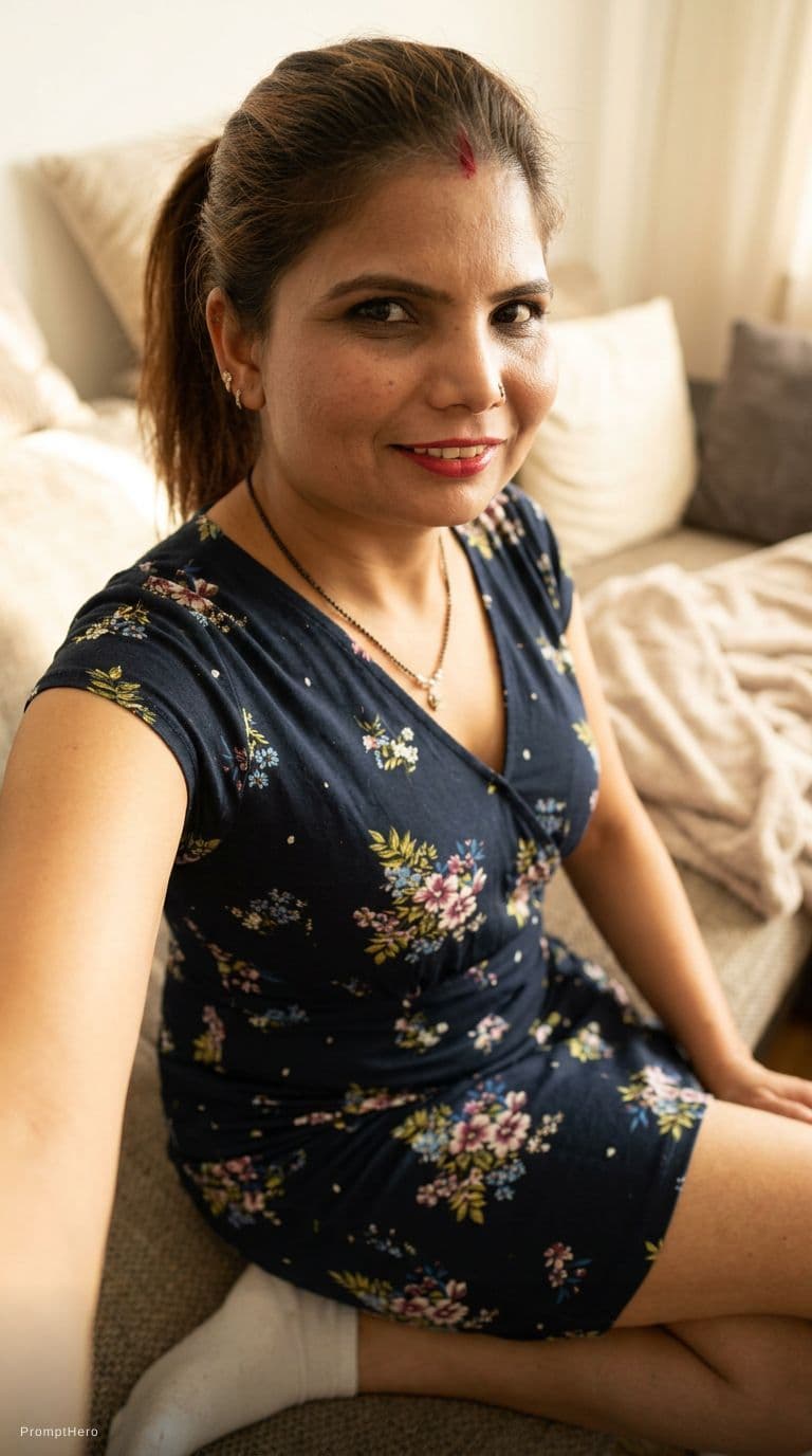 AI generated: looking at me. Sitting on a couch, wearing same cleavage bodycon saree dress and white socks, teasin...