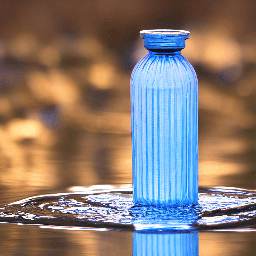 AI generated: image of a transparent blue bottle, illuminated by sunlight, on a background of water.