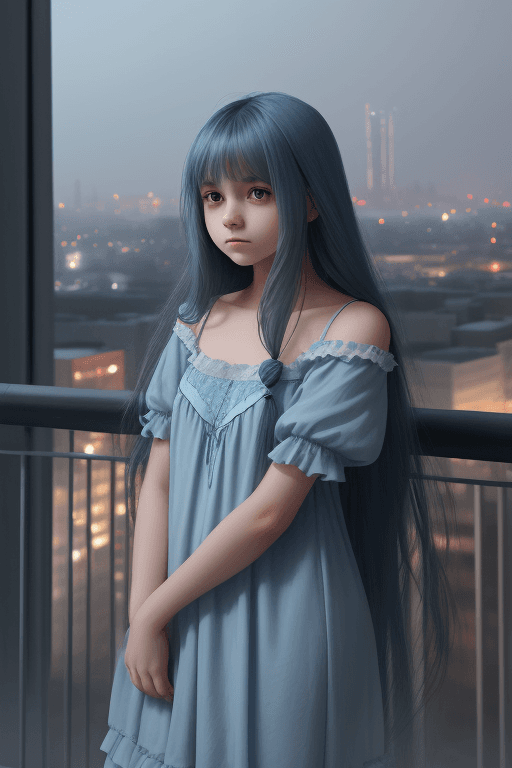 AI generated: a girl with longhair ,wearing nightgown with misty blue color, downtown background