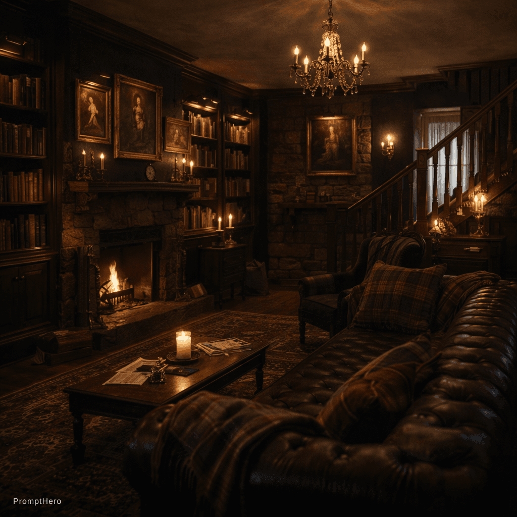 AI generated: recreate the photo to “Moody dark academia interior with deep forest green and charcoal walls, rich ...
