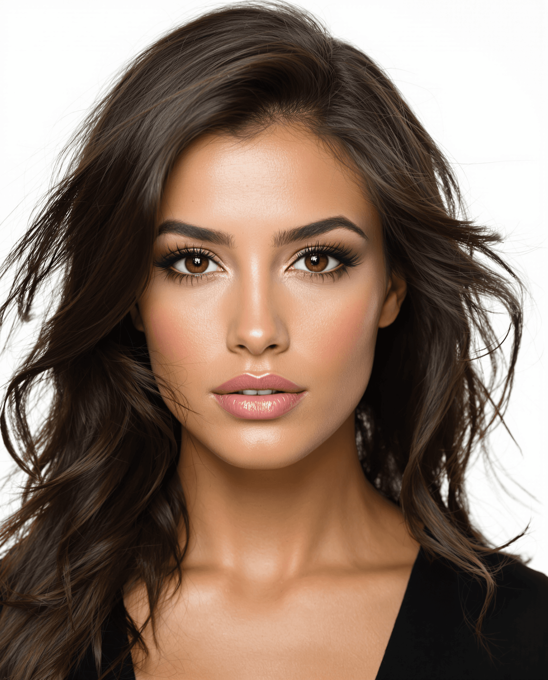 AI generated: A hyper-realistic, ultra-detailed front-view portrait of a stunning brunette woman with deep brown e...