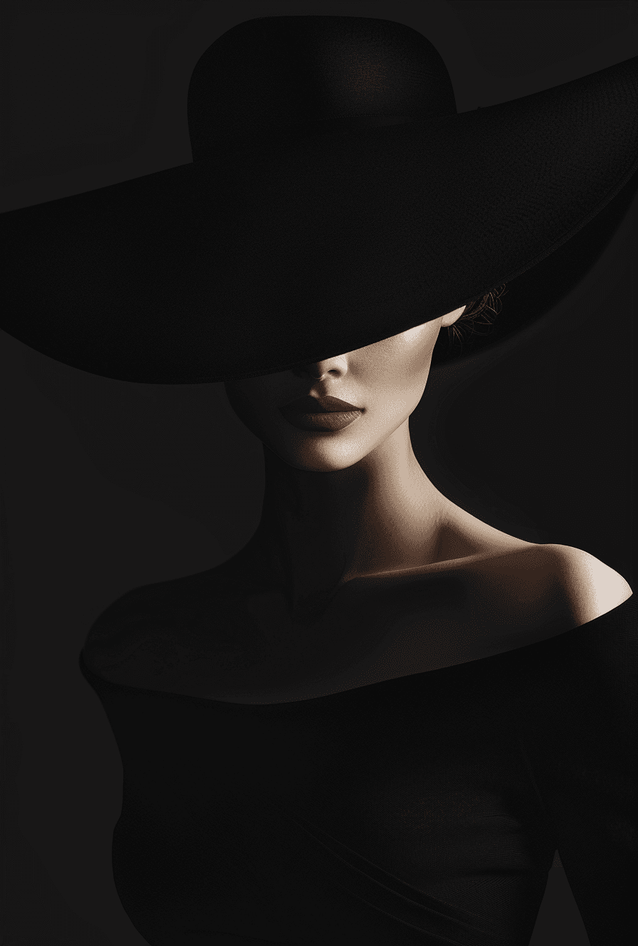 AI generated: a woman in a black dress is wearing a big hat to the right, in the style of clever use of negative s...