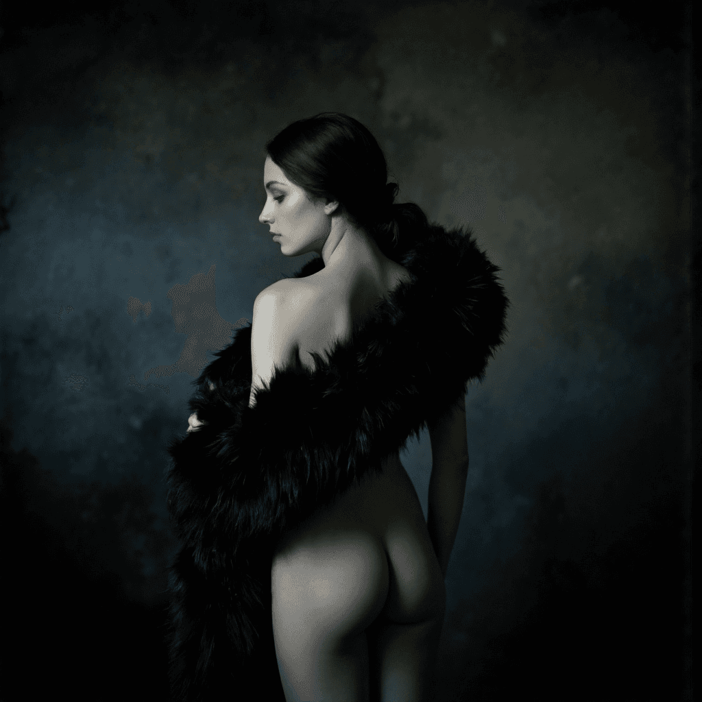 AI generated: (Full-body shot, noir fine art photography, cinematic chiaroscuro lighting, ultra-realistic skin det...