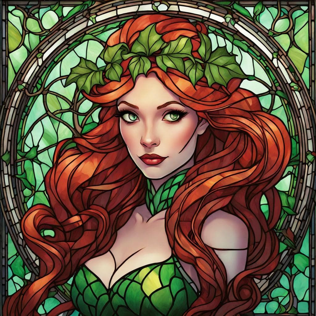 AI generated: a stunning stained glass window of ariel dressed as a beautiful poison ivy with hair tied in a braid...