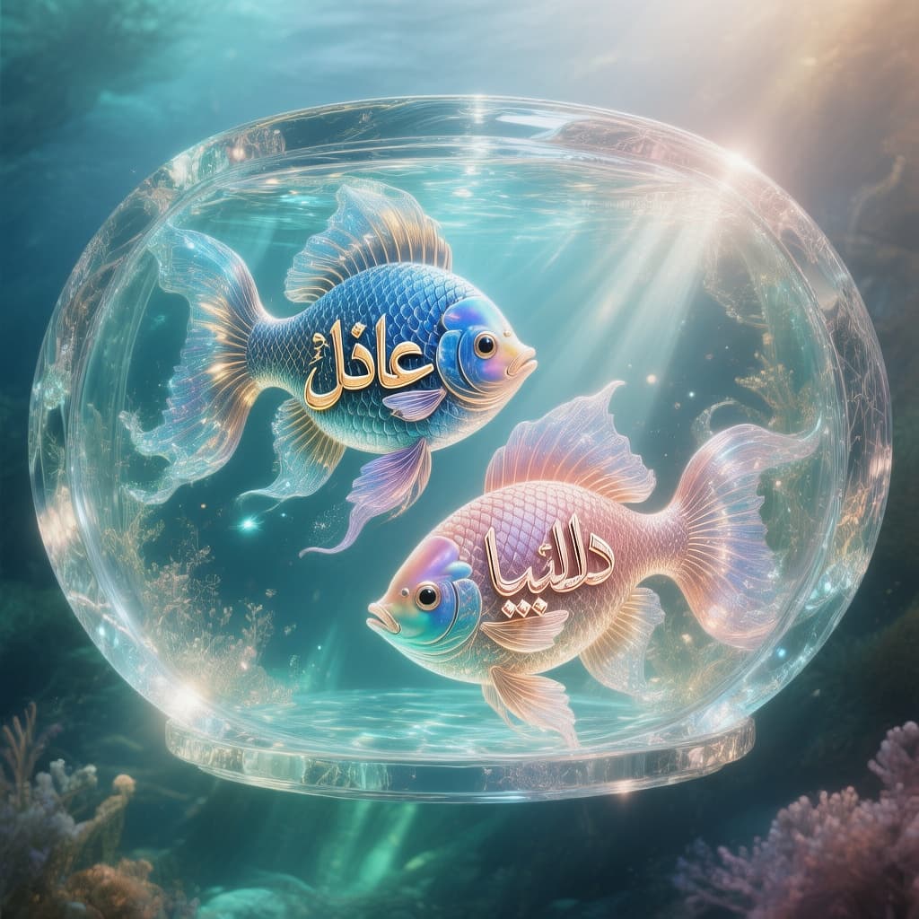 AI generated: A magical, fantasy-inspired digital aquarium design, elegant and enchanting. The aquarium has a refi...