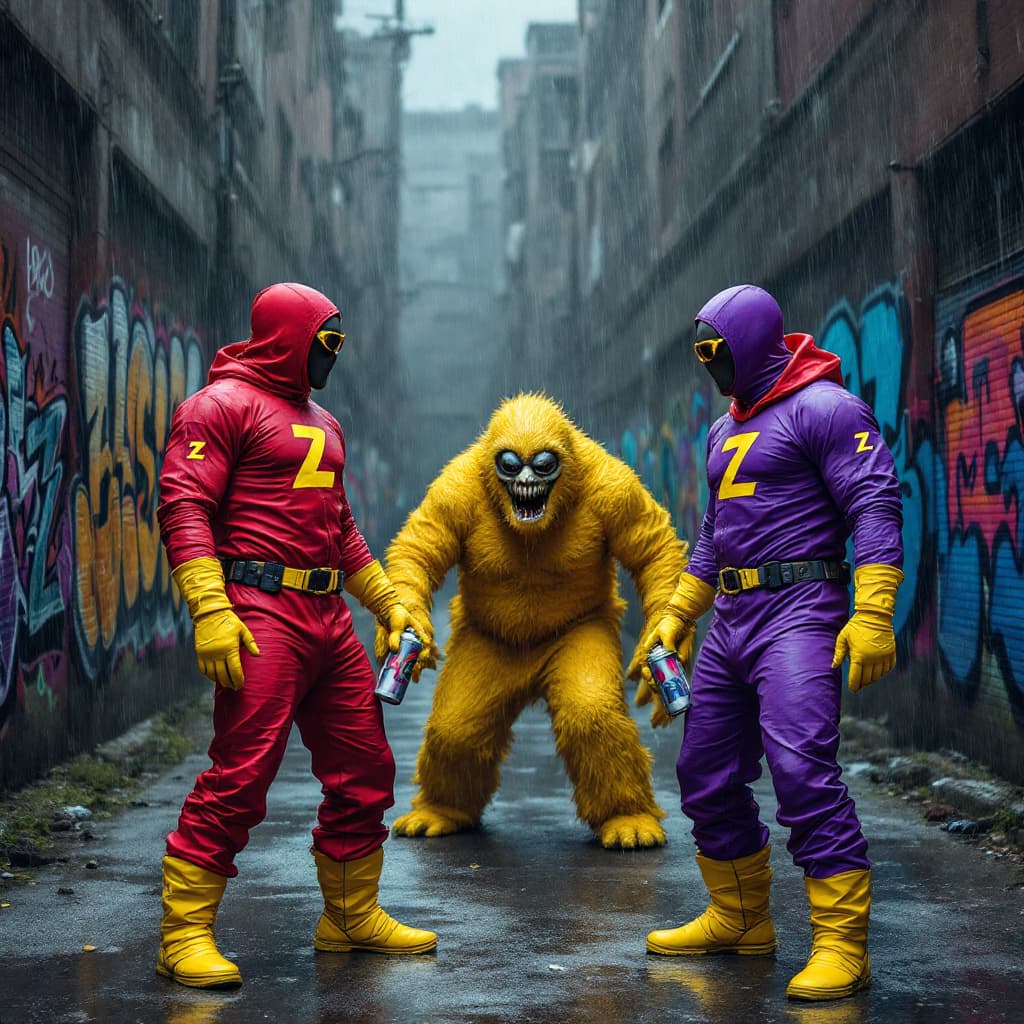 AI generated:  A BLACKMAN IN A RED SPANDEX SUIT with a zoz logo on his chest , WITH YELLOW GLOVES AND BOOTS , SUNG...