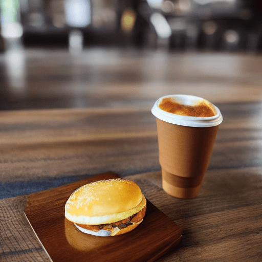 AI generated: A photo of a wooden table with a breakfast sandwich, wrapped in yellow paper, and a cup of coffee wi...