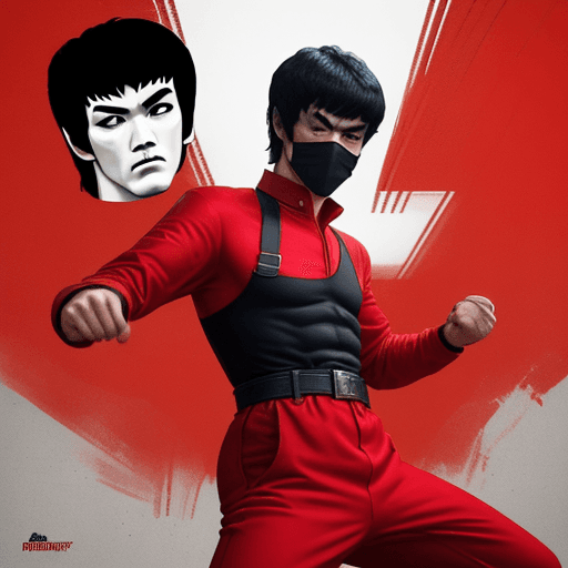 AI generated: Create an image of Bruce Lee dressed in the iconic red jumpsuit from "Money Heist." He should also b...