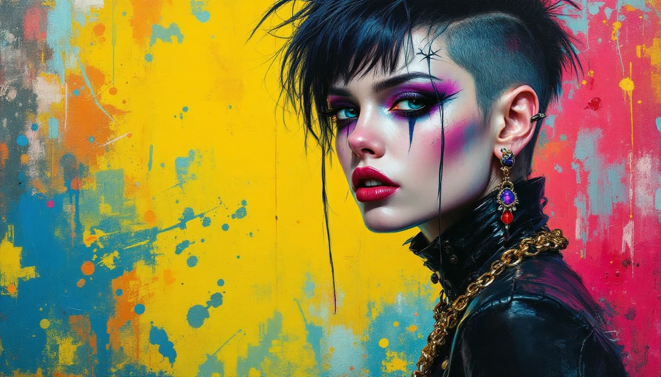 AI generated:  A lively and energetic oil painting in bright, vibrant colors depicting a punk gothic woman with pi...