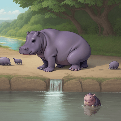 AI generated: Little hippo named Gosha sitting sadly by a river, watching other animals play in the distance, stor...