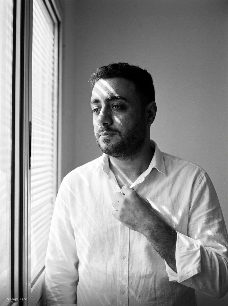 AI generated: 

Ultra-realistic 8K black and white cinematic mid-shot portrait of a young man (use this face) stan...