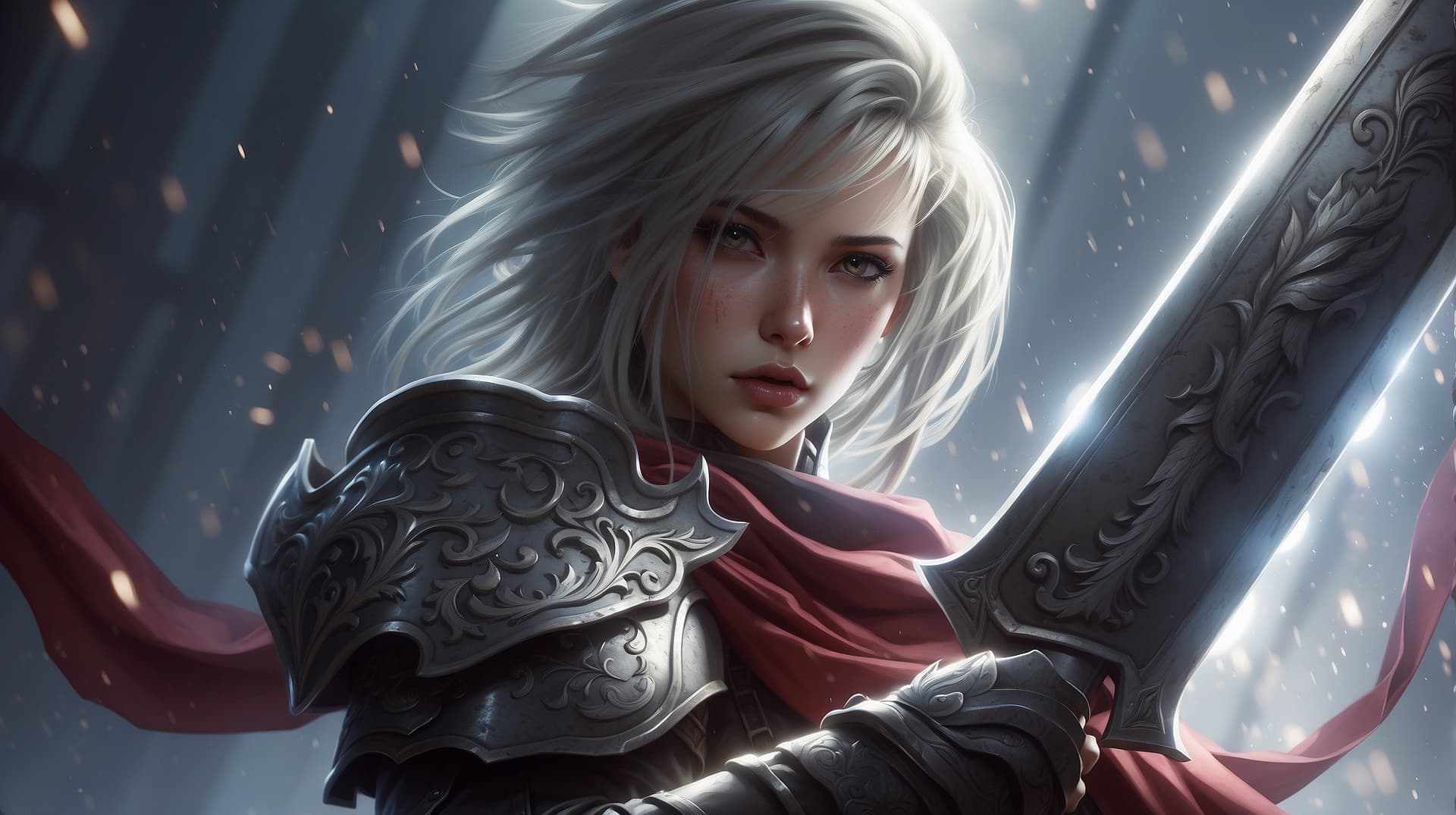 AI generated: female warrior with a greatsword, final fantasy ink style, dramatic lighting, wide angle, 4k,