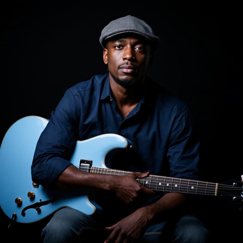 AI generated: A professional musician with a confident expression, wearing a dark blue shirt and a flat cap, sitti...