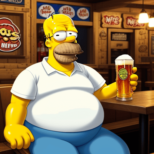 AI generated: homer simpson as a real person.he is sitting in moe's tavern drinking a beer